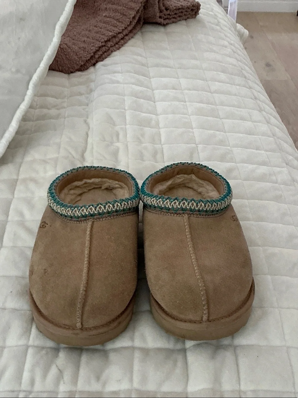UGG Tan Suede Slip-On Clog with Teal Trim